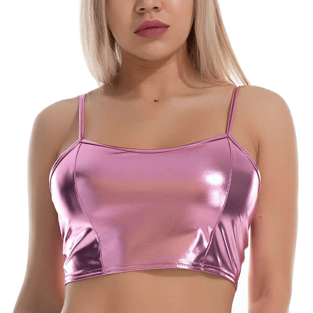 Fashion Women's Glossy Sleeveless Crop Top / Shiny Metallic Camis with Adjustable Spaghetti Straps - EVE's SECRETS