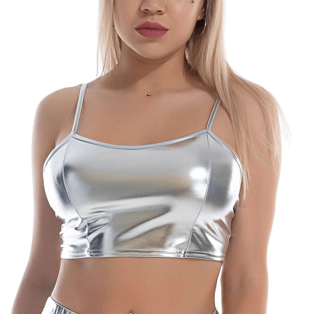Fashion Women's Glossy Sleeveless Crop Top / Shiny Metallic Camis with Adjustable Spaghetti Straps - EVE's SECRETS