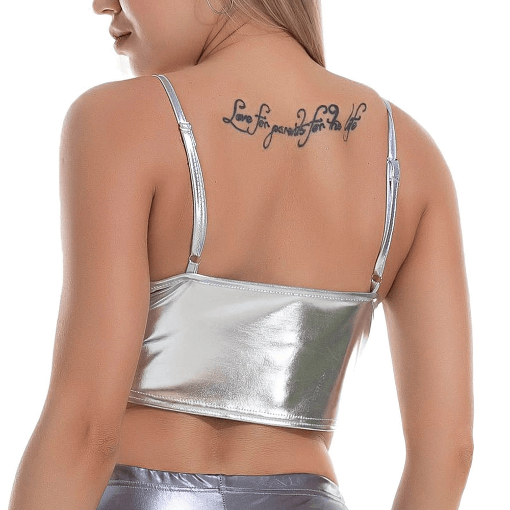 Fashion Women's Glossy Sleeveless Crop Top / Shiny Metallic Camis with Adjustable Spaghetti Straps - EVE's SECRETS