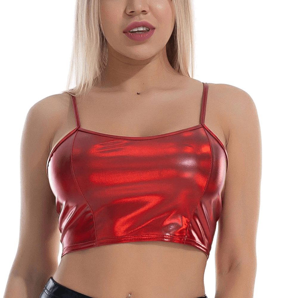 Fashion Women's Glossy Sleeveless Crop Top / Shiny Metallic Camis with Adjustable Spaghetti Straps - EVE's SECRETS
