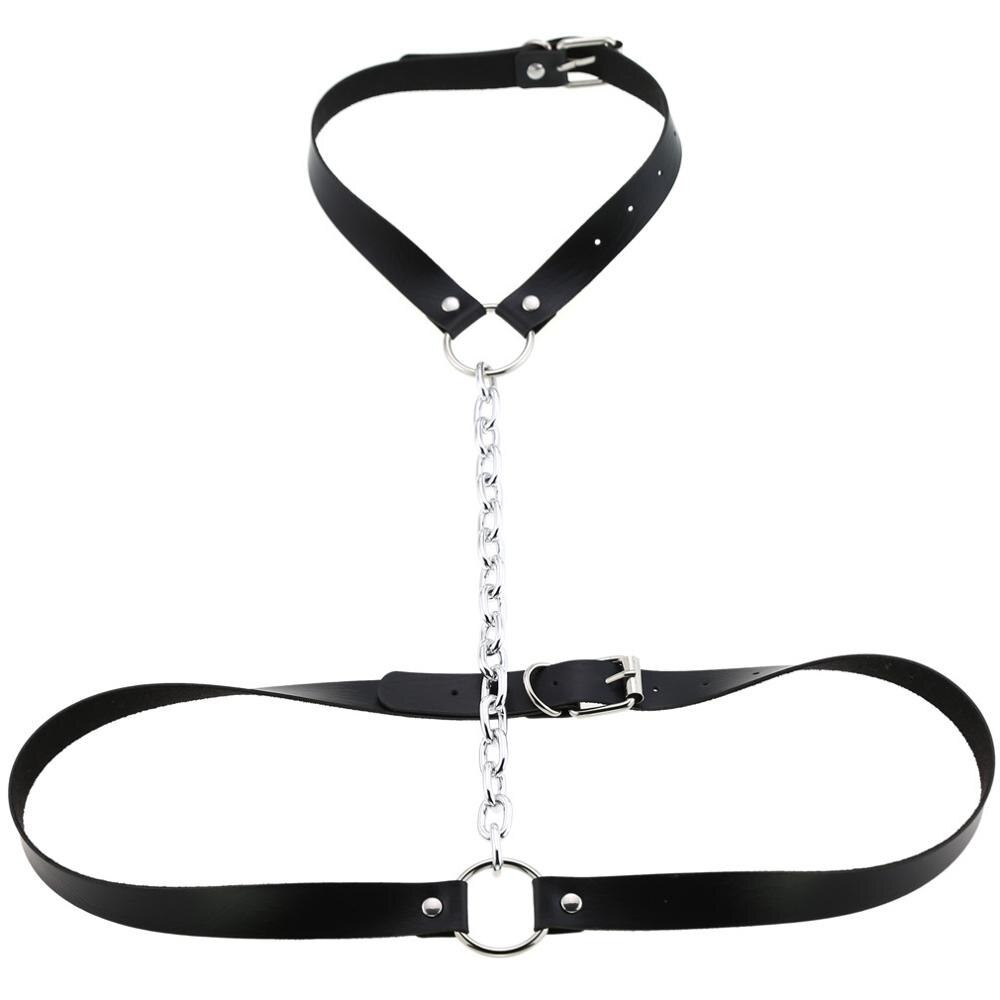 Faux Leather Body Harness With Chain / Unisex Bondage BDSM Necklace / Erotic Waist Belt - EVE's SECRETS