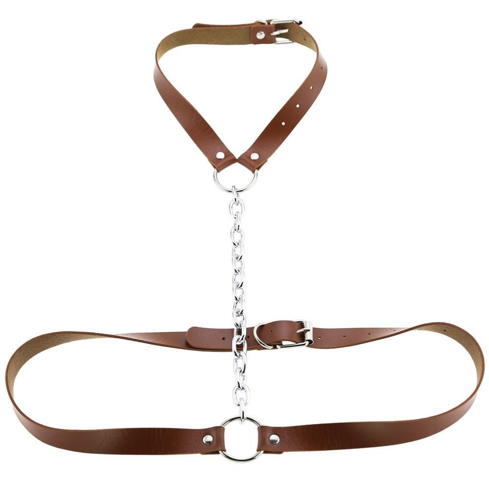 Faux Leather Body Harness With Chain / Unisex Bondage BDSM Necklace / Erotic Waist Belt - EVE's SECRETS