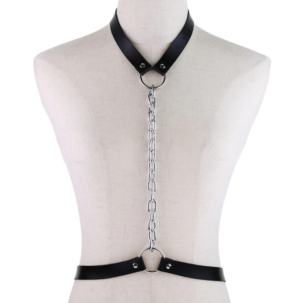 Faux Leather Body Harness With Chain / Unisex Bondage BDSM Necklace / Erotic Waist Belt - EVE's SECRETS