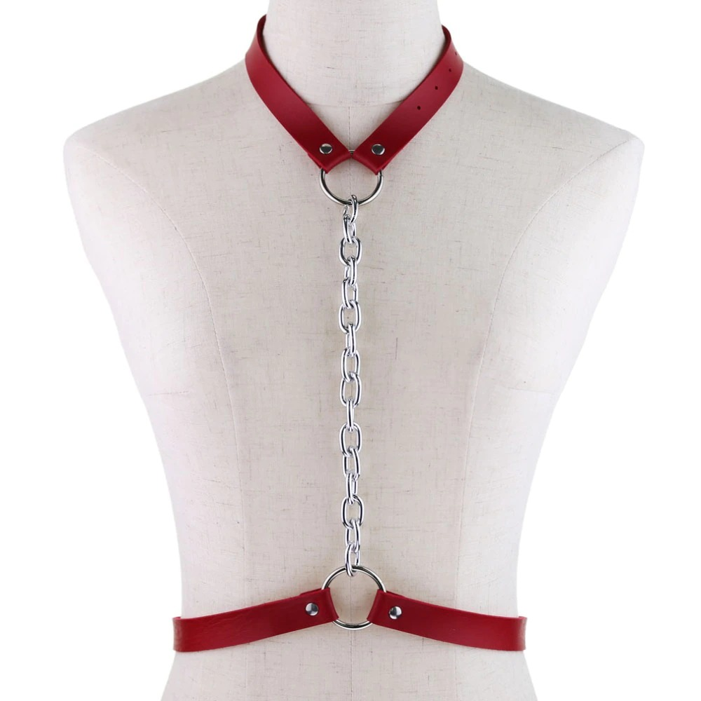 Faux Leather Body Harness With Chain / Unisex Bondage BDSM Necklace / Erotic Waist Belt - EVE's SECRETS