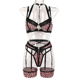 Lingerie léopard sexy évidée pour femmes / tenue de sous-vêtements érotiques 3 pièces pour femmes