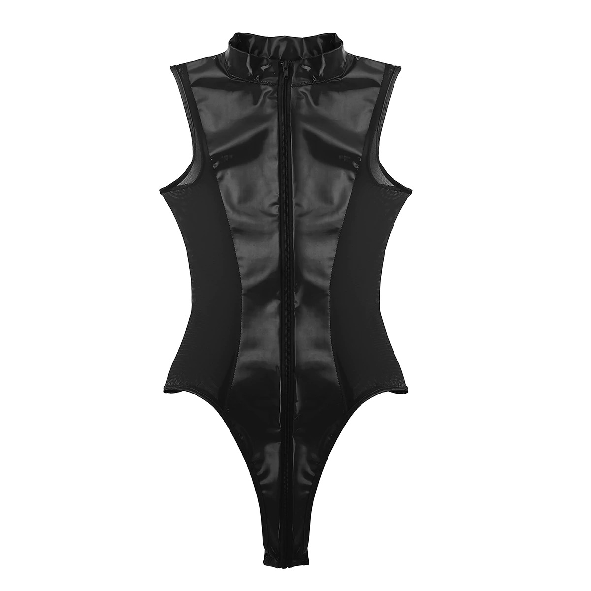 Female Shiny High Cut Bodysuit with Mesh / Sexy Clubwear with Zippered Crotch - EVE's SECRETS