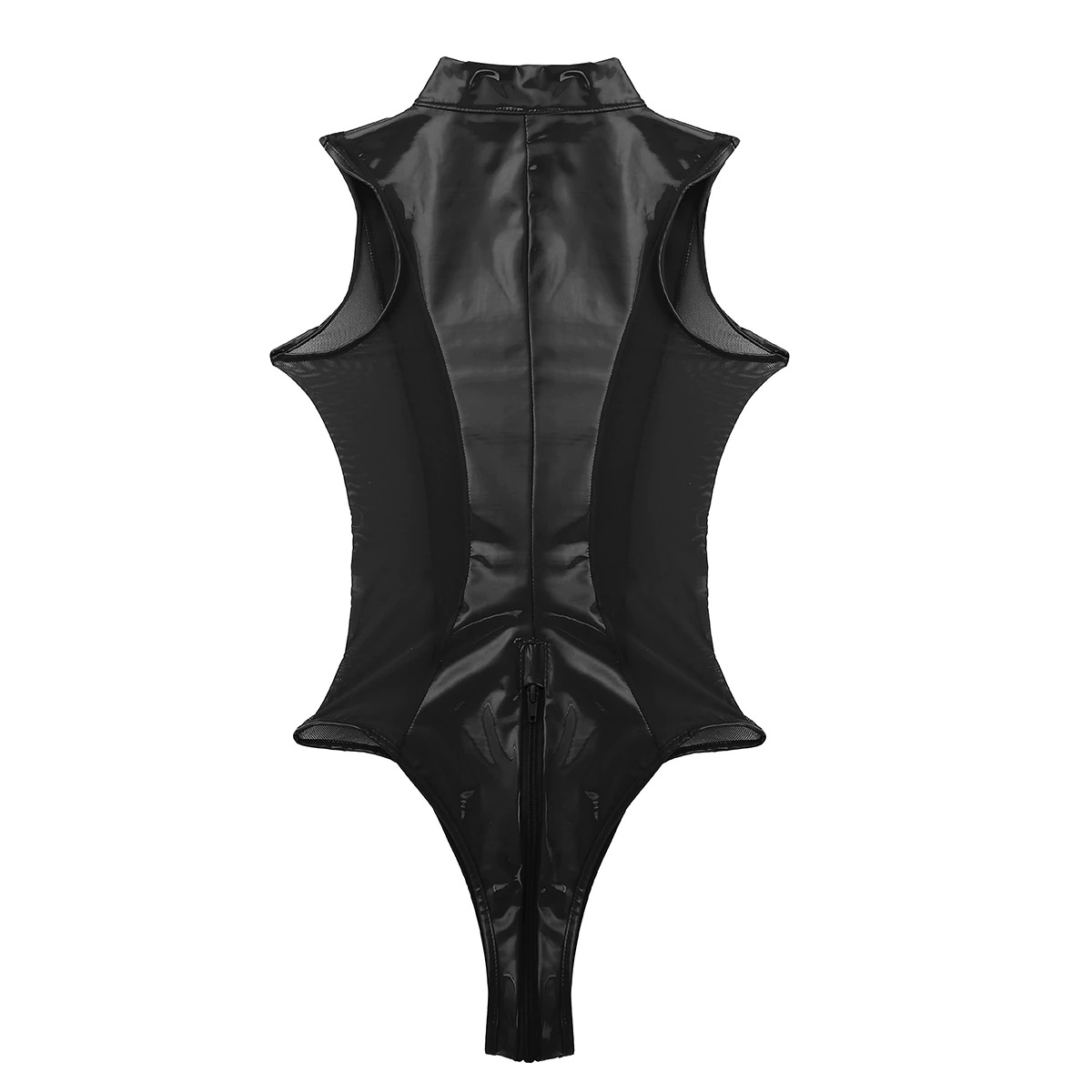 Female Shiny High Cut Bodysuit with Mesh / Sexy Clubwear with Zippered Crotch - EVE's SECRETS