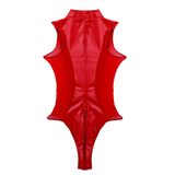 Female Shiny High Cut Bodysuit with Mesh / Sexy Clubwear with Zippered Crotch - EVE's SECRETS