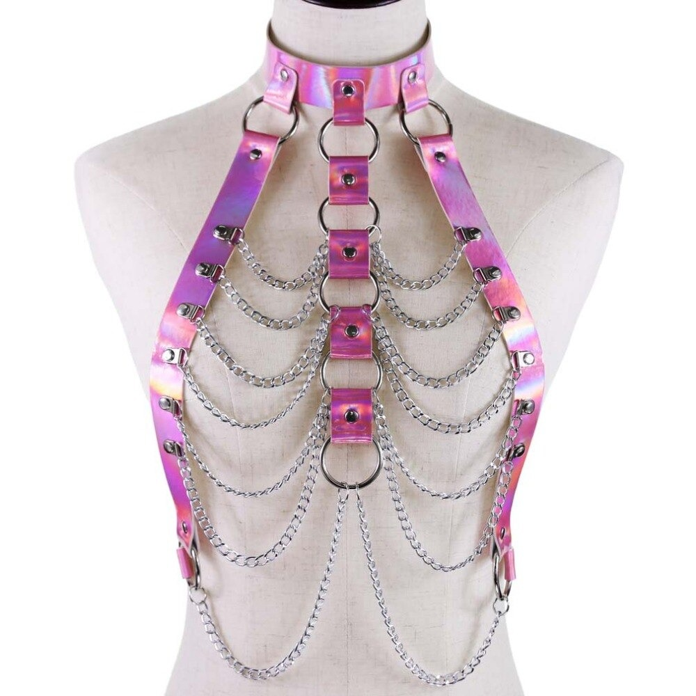Holographic Chain Body Harness / Body Chain Bra Top Bondage / Fetish Rave Outfit for Women - EVE's SECRETS