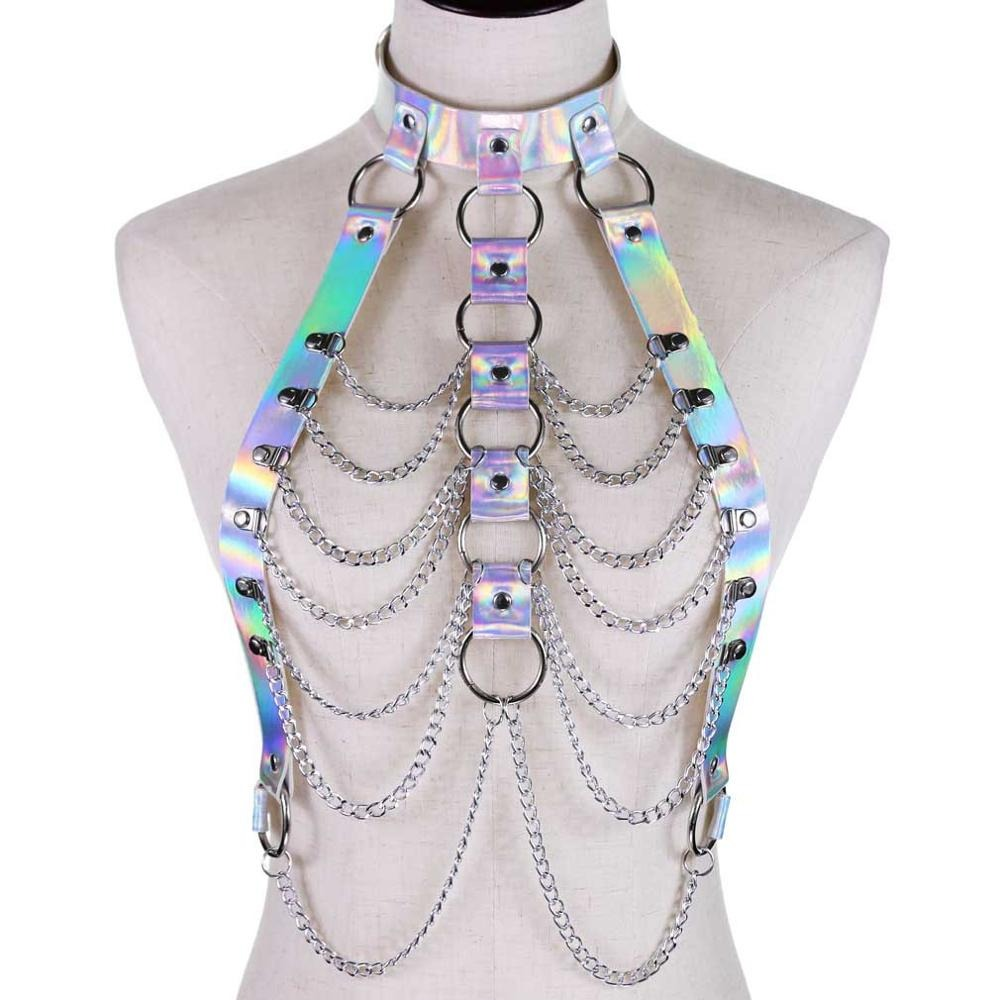 Holographic Chain Body Harness / Body Chain Bra Top Bondage / Fetish Rave Outfit for Women - EVE's SECRETS