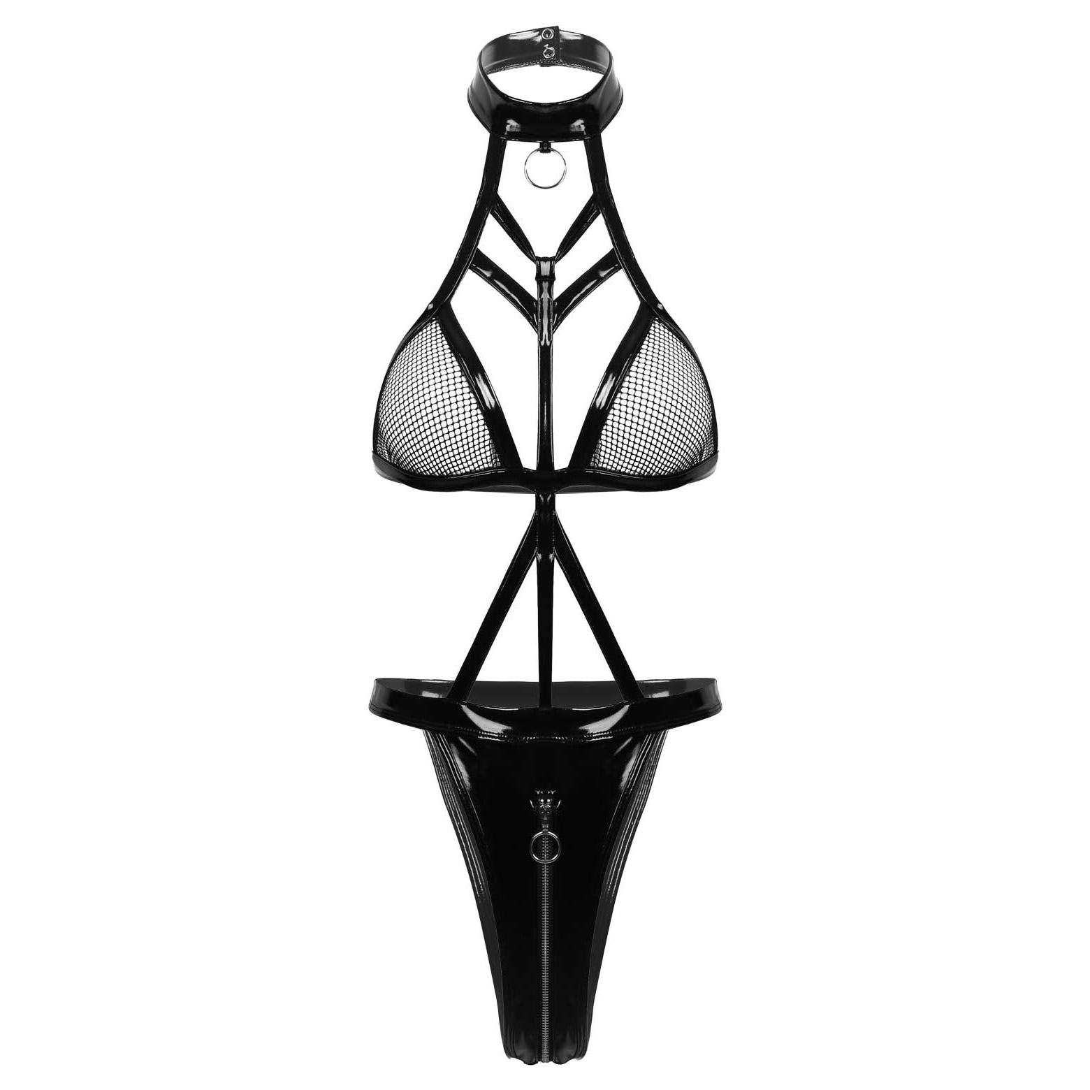Hot Wet Look Exotic Teddies Leather Lingerie / Nipples Cups Zippered Crotch / High Cut Body Harness - EVE's SECRETS