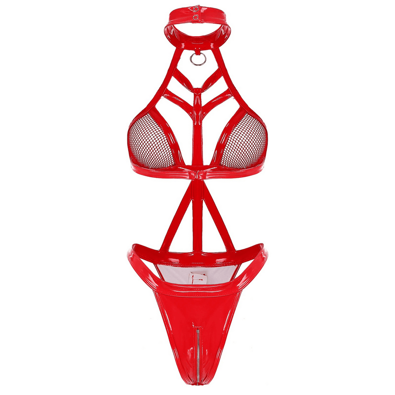 Hot Wet Look Exotic Teddies Leather Lingerie / Nipples Cups Zippered Crotch / High Cut Body Harness - EVE's SECRETS
