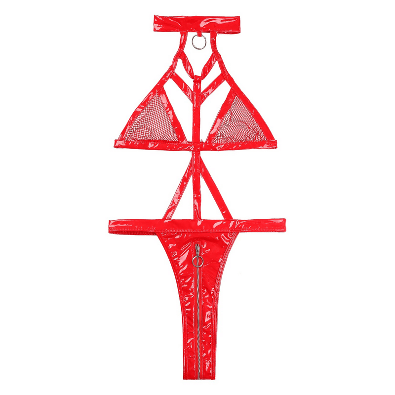 Hot Wet Look Exotic Teddies Leather Lingerie / Nipples Cups Zippered Crotch / High Cut Body Harness - EVE's SECRETS