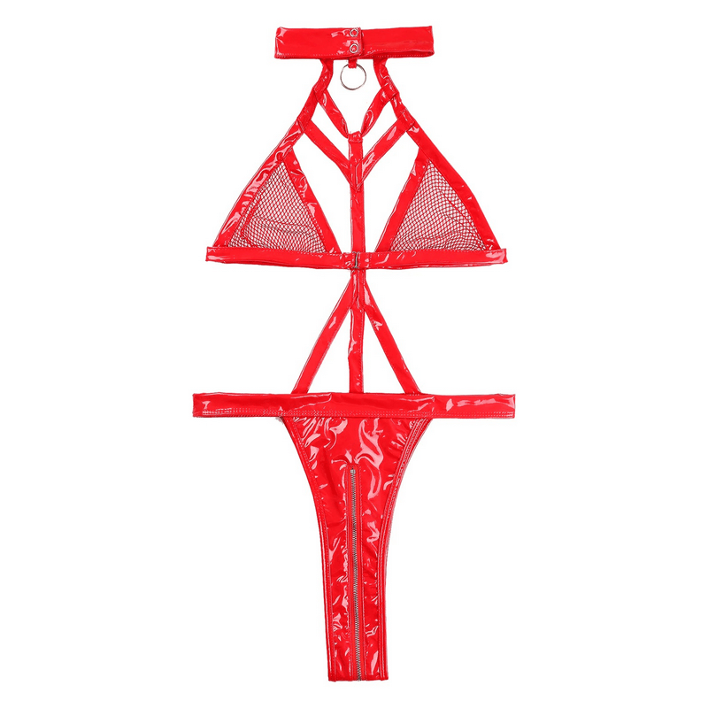 Hot Wet Look Exotic Teddies Leather Lingerie / Nipples Cups Zippered Crotch / High Cut Body Harness - EVE's SECRETS