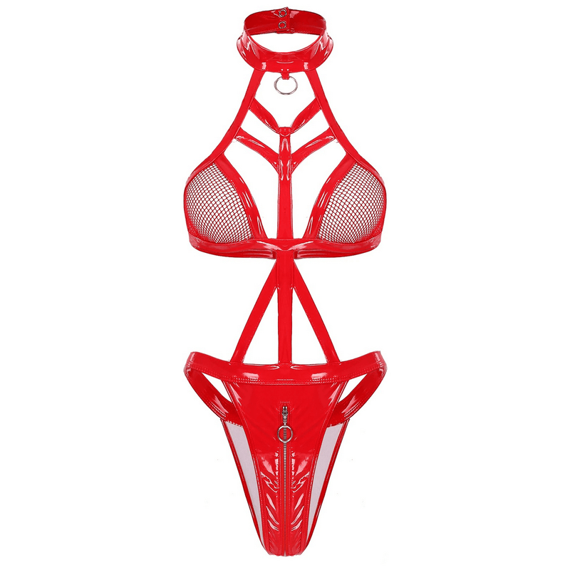 Hot Wet Look Exotic Teddies Leather Lingerie / Nipples Cups Zippered Crotch / High Cut Body Harness - EVE's SECRETS