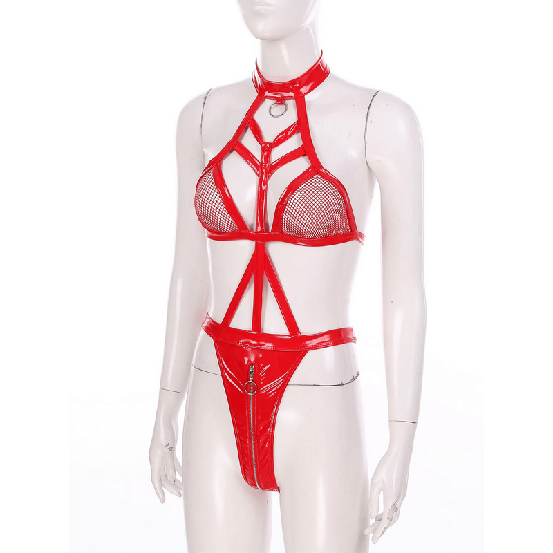 Hot Wet Look Exotic Teddies Leather Lingerie / Nipples Cups Zippered Crotch / High Cut Body Harness - EVE's SECRETS