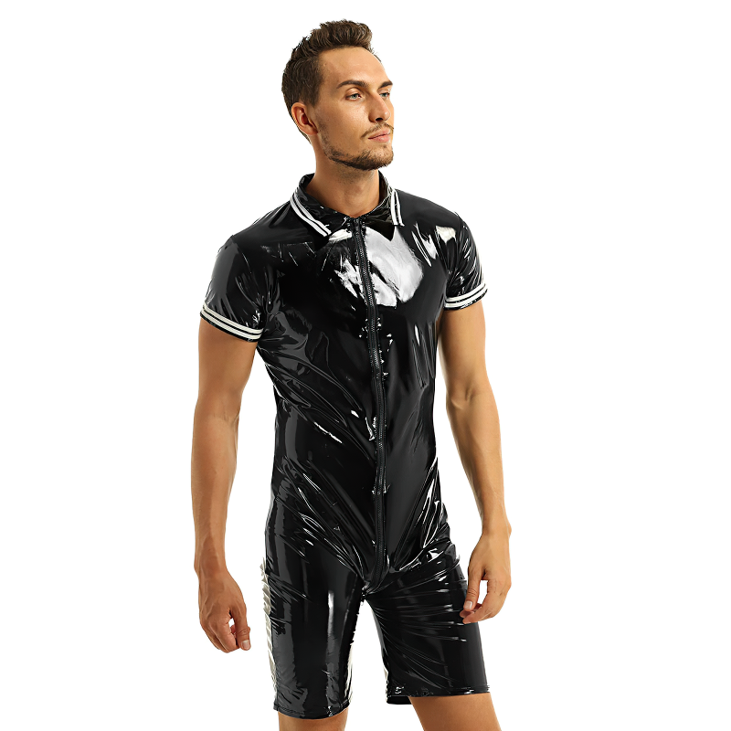 Men's Shiny Body Latex Zipper Clubwear / Sexy Open Crotch Wetlook Romper Bodysuit - EVE's SECRETS