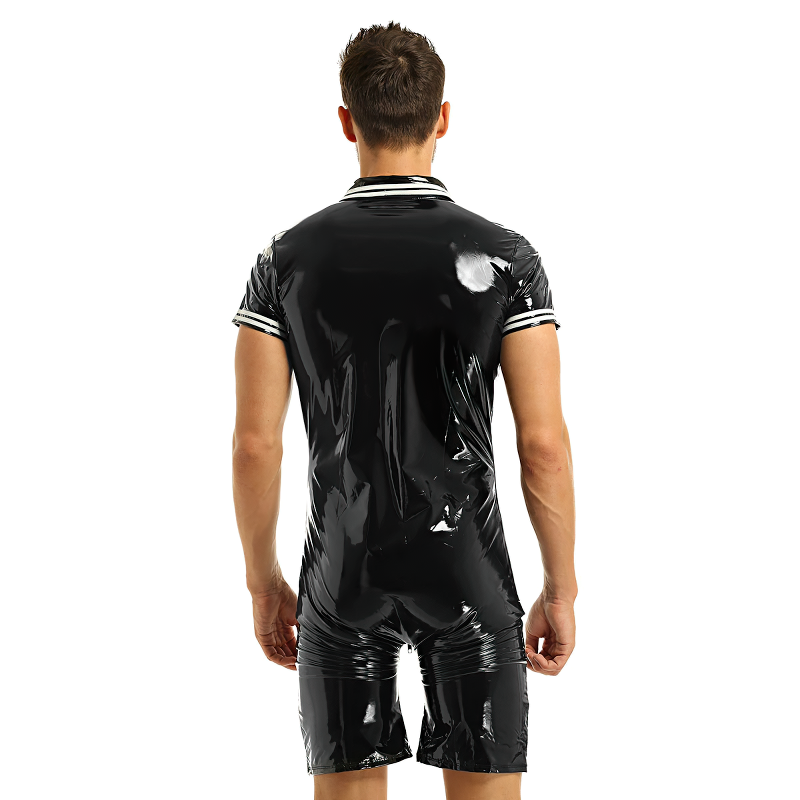 Men's Shiny Body Latex Zipper Clubwear / Sexy Open Crotch Wetlook Romper Bodysuit - EVE's SECRETS