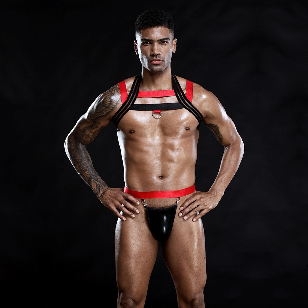 Jockstrap T-back Briefs with Elastic Chest Harness in Black & Red Color / Men's Sexy Underwear Set - EVE's SECRETS