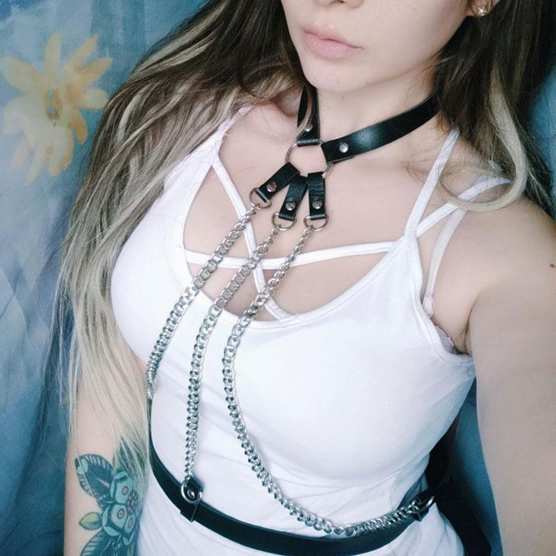 Ladies Leather Straps Body Suspenders with Chains / Fetish Styled Body Harness Accessories - EVE's SECRETS