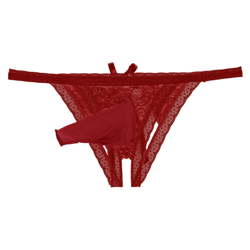Male Low Rise Crotchless Lingerie / Lace Briefs Elastic Bulge Pouch / Open Butt Bowknot Underwear - EVE's SECRETS
