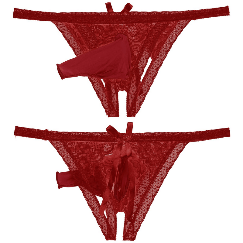 Male Low Rise Crotchless Lingerie / Lace Briefs Elastic Bulge Pouch / Open Butt Bowknot Underwear - EVE's SECRETS