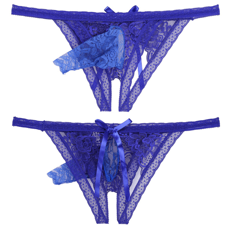 Male Low Rise Crotchless Lingerie / Lace Briefs Elastic Bulge Pouch / Open Butt Bowknot Underwear - EVE's SECRETS