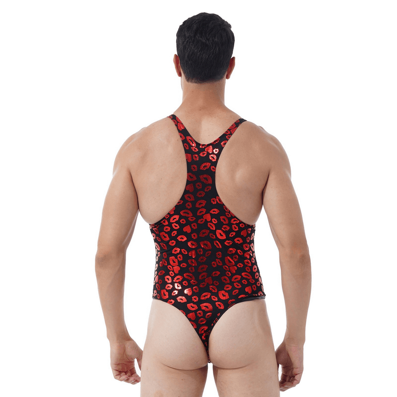 Male Bodysuit with Lip and Skull Print / U-Neck Sleeveless High-Cut Leotard / Men's Sexy Underwear - EVE's SECRETS