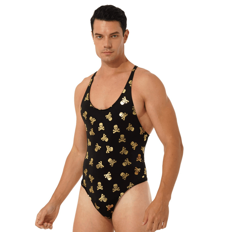 Male Bodysuit with Lip and Skull Print / U-Neck Sleeveless High-Cut Leotard / Men's Sexy Underwear - EVE's SECRETS