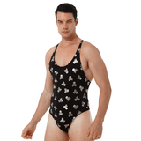 Male Bodysuit with Lip and Skull Print / U-Neck Sleeveless High-Cut Leotard / Men's Sexy Underwear - EVE's SECRETS