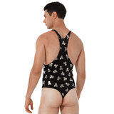 Male Bodysuit with Lip and Skull Print / U-Neck Sleeveless High-Cut Leotard / Men's Sexy Underwear - EVE's SECRETS