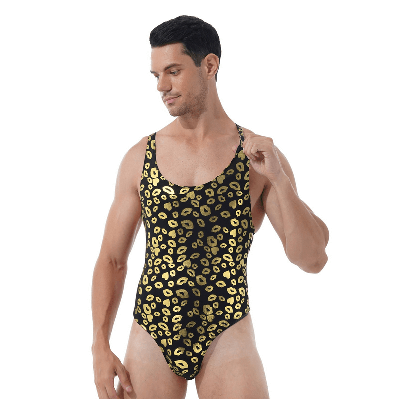 Male Bodysuit with Lip and Skull Print / U-Neck Sleeveless High-Cut Leotard / Men's Sexy Underwear - EVE's SECRETS