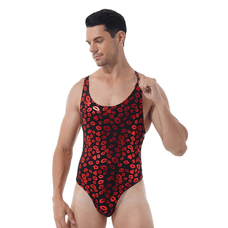 Male Bodysuit with Lip and Skull Print / U-Neck Sleeveless High-Cut Leotard / Men's Sexy Underwear - EVE's SECRETS