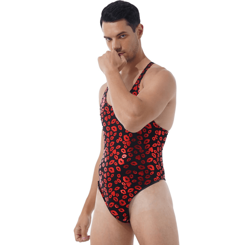 Male Bodysuit with Lip and Skull Print / U-Neck Sleeveless High-Cut Leotard / Men's Sexy Underwear - EVE's SECRETS