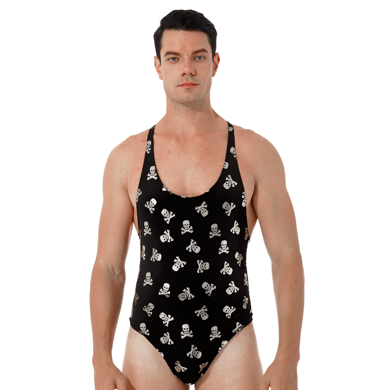 Male Skull Print Bodysuit Underwear / Round Neck Sleeveless High Cut Leatord Jumpsuit - EVE's SECRETS