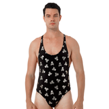 Male Skull Print Bodysuit Underwear / Round Neck Sleeveless High Cut Leatord Jumpsuit - EVE's SECRETS