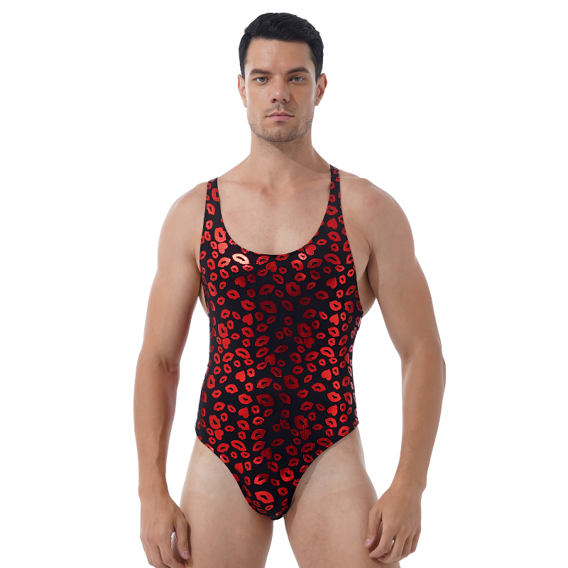 Male Skull Print Bodysuit Underwear / Round Neck Sleeveless High Cut Leatord Jumpsuit - EVE's SECRETS