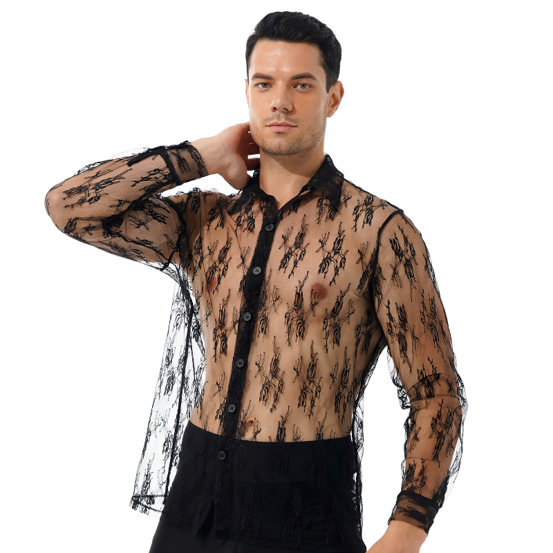 Men's Fashion See-Through Lace Floral T-Shirt / Turn-down Collar Long Sleeve Button Shirt - EVE's SECRETS