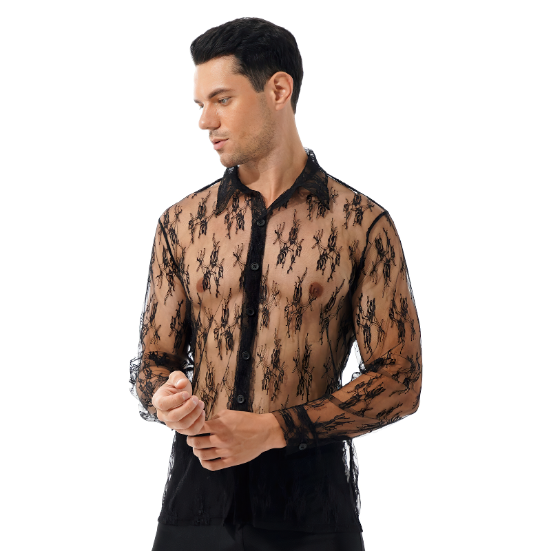 Men's Fashion See-Through Lace Floral T-Shirt / Turn-down Collar Long Sleeve Button Shirt - EVE's SECRETS