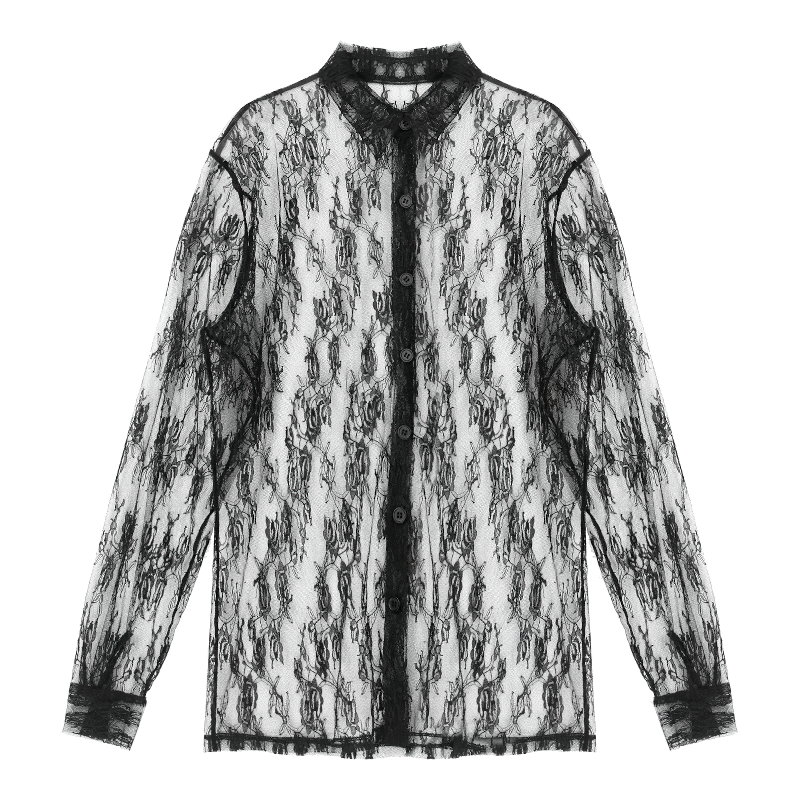 Men's Fashion See-Through Lace Floral T-Shirt / Turn-down Collar Long Sleeve Button Shirt - EVE's SECRETS