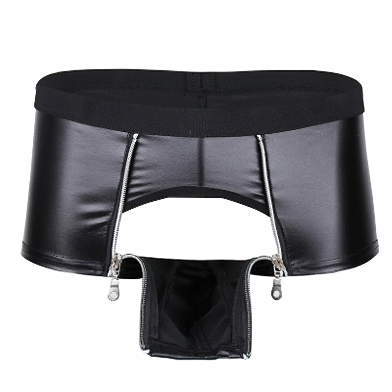 Men Lingerie Faux Leather Panties with Zippers / Open Pouch Boxer Shorts for Men - EVE's SECRETS