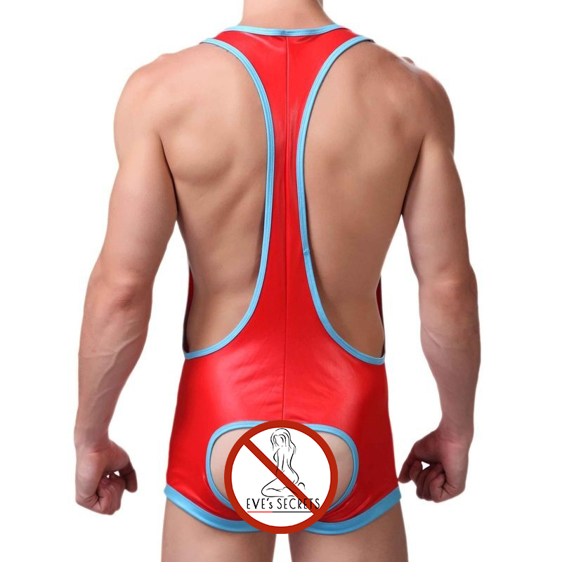Men's Back Open PU Leather Jumpsuits / Sexy Open Butt Pouch Bodysuits / Wrestling Singlet Lingerie - EVE's SECRETS