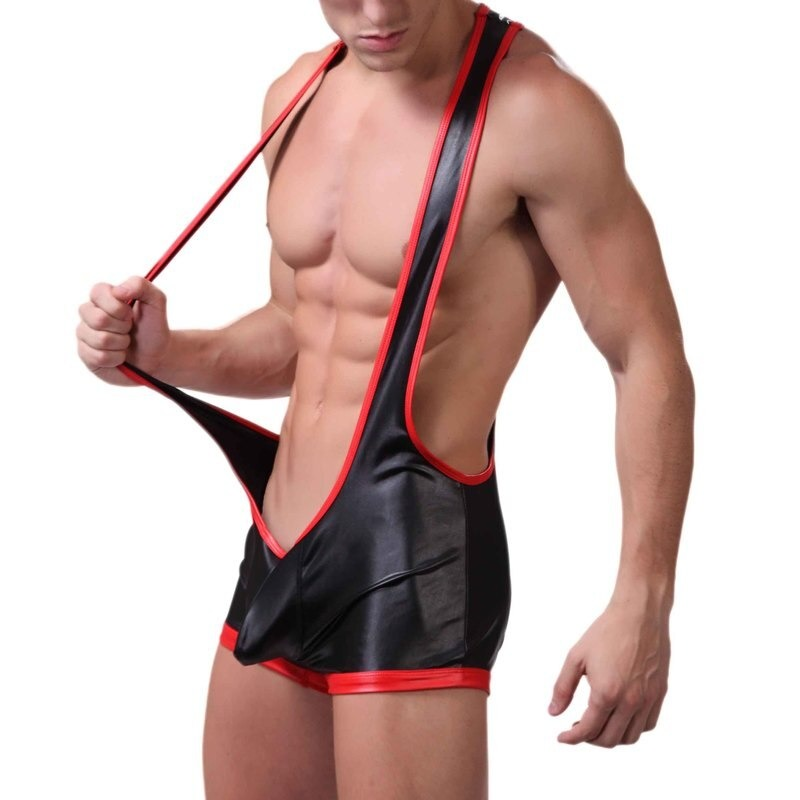 Men's Back Open PU Leather Jumpsuits / Sexy Open Butt Pouch Bodysuits / Wrestling Singlet Lingerie - EVE's SECRETS