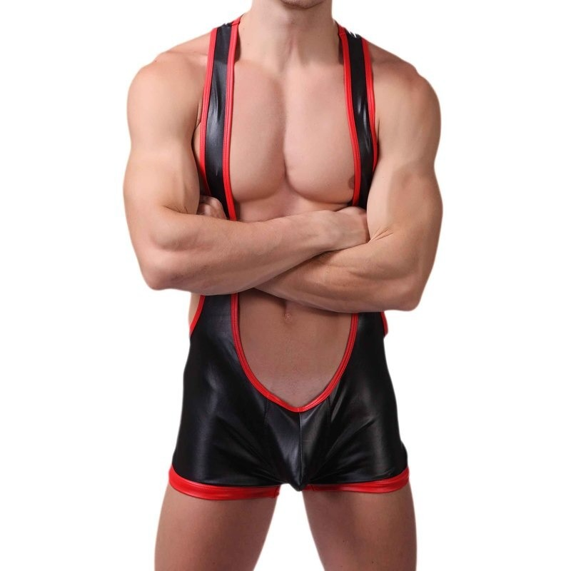 Men's Back Open PU Leather Jumpsuits / Sexy Open Butt Pouch Bodysuits / Wrestling Singlet Lingerie - EVE's SECRETS