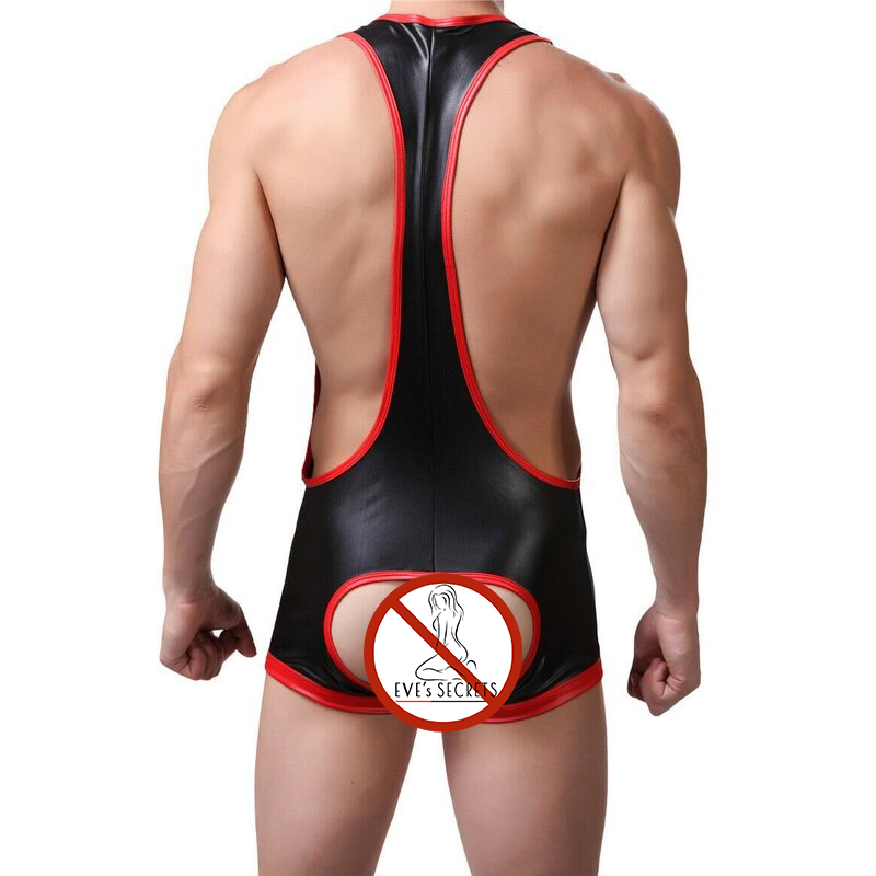 Men's Back Open PU Leather Jumpsuits / Sexy Open Butt Pouch Bodysuits / Wrestling Singlet Lingerie - EVE's SECRETS