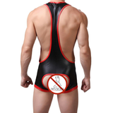 Men's Back Open PU Leather Jumpsuits / Sexy Open Butt Pouch Bodysuits / Wrestling Singlet Lingerie - EVE's SECRETS