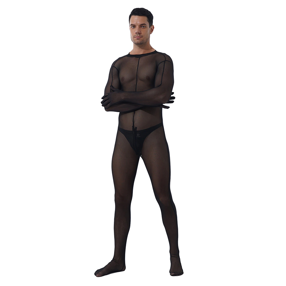 Men's Black Mesh Bodysuit / Male Sexy Skinny Underwear with Zipper Crotch - EVE's SECRETS