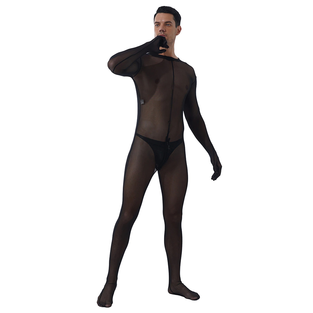Men's Black Mesh Bodysuit / Male Sexy Skinny Underwear with Zipper Crotch - EVE's SECRETS