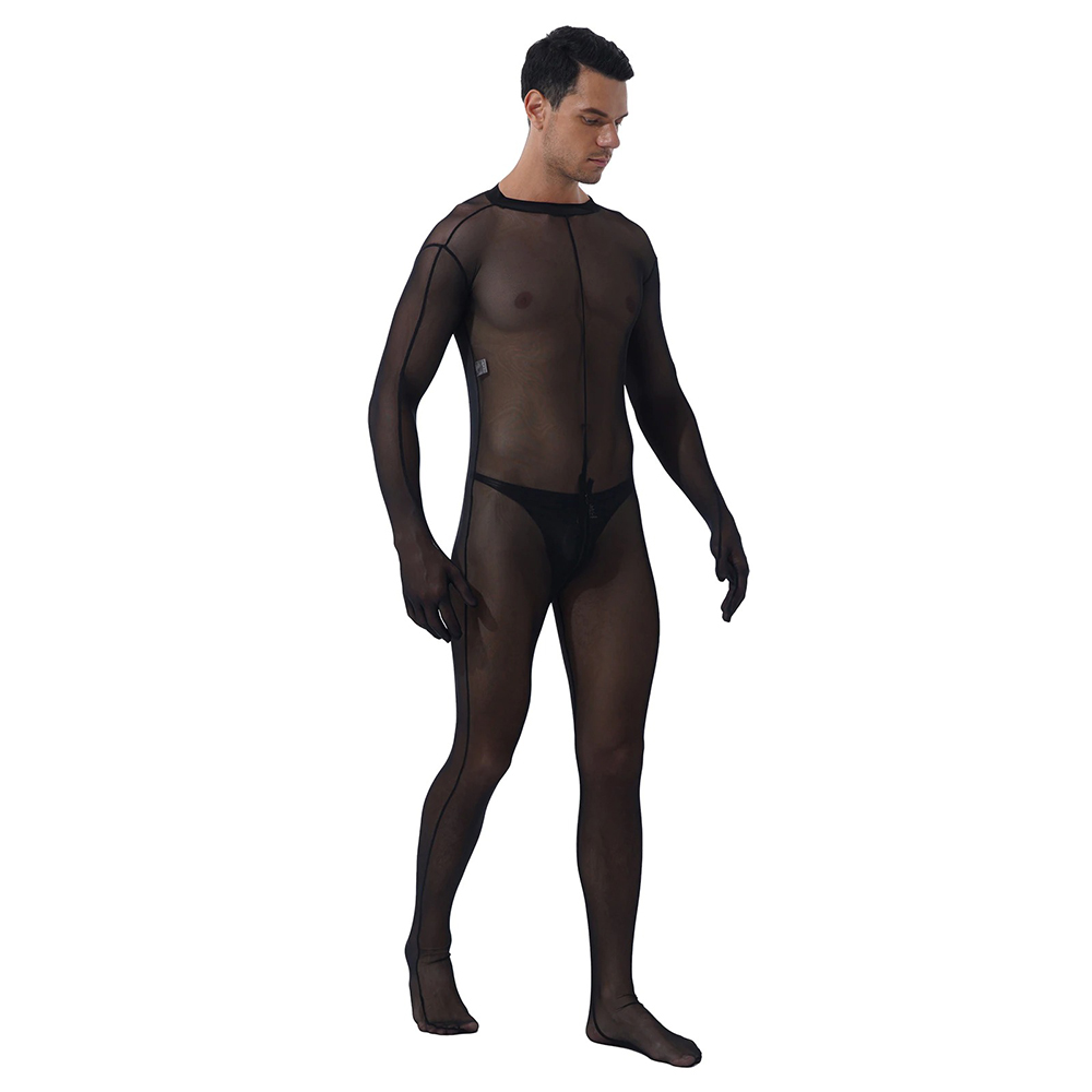 Men's Black Mesh Bodysuit / Male Sexy Skinny Underwear with Zipper Crotch - EVE's SECRETS