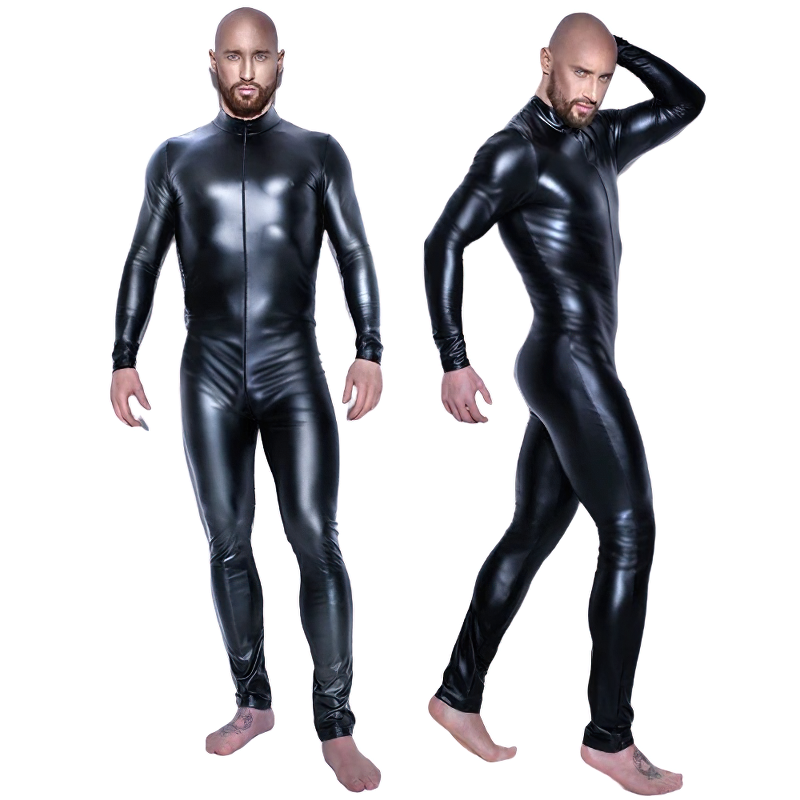 Men's Black Wetlook Erotic Bodysuit / Fetish Faux Leather Wear With Open Crotch - EVE's SECRETS
